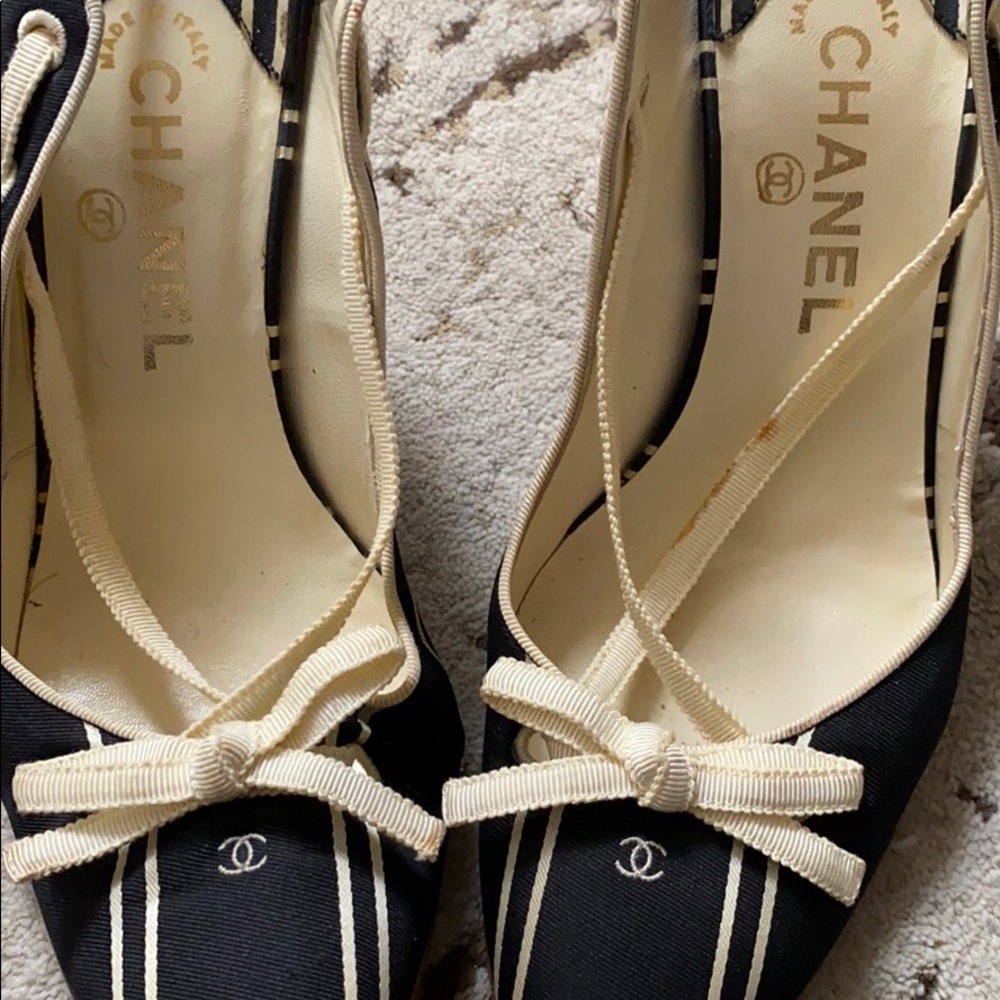 Chanel wedge heel navy and cream colored